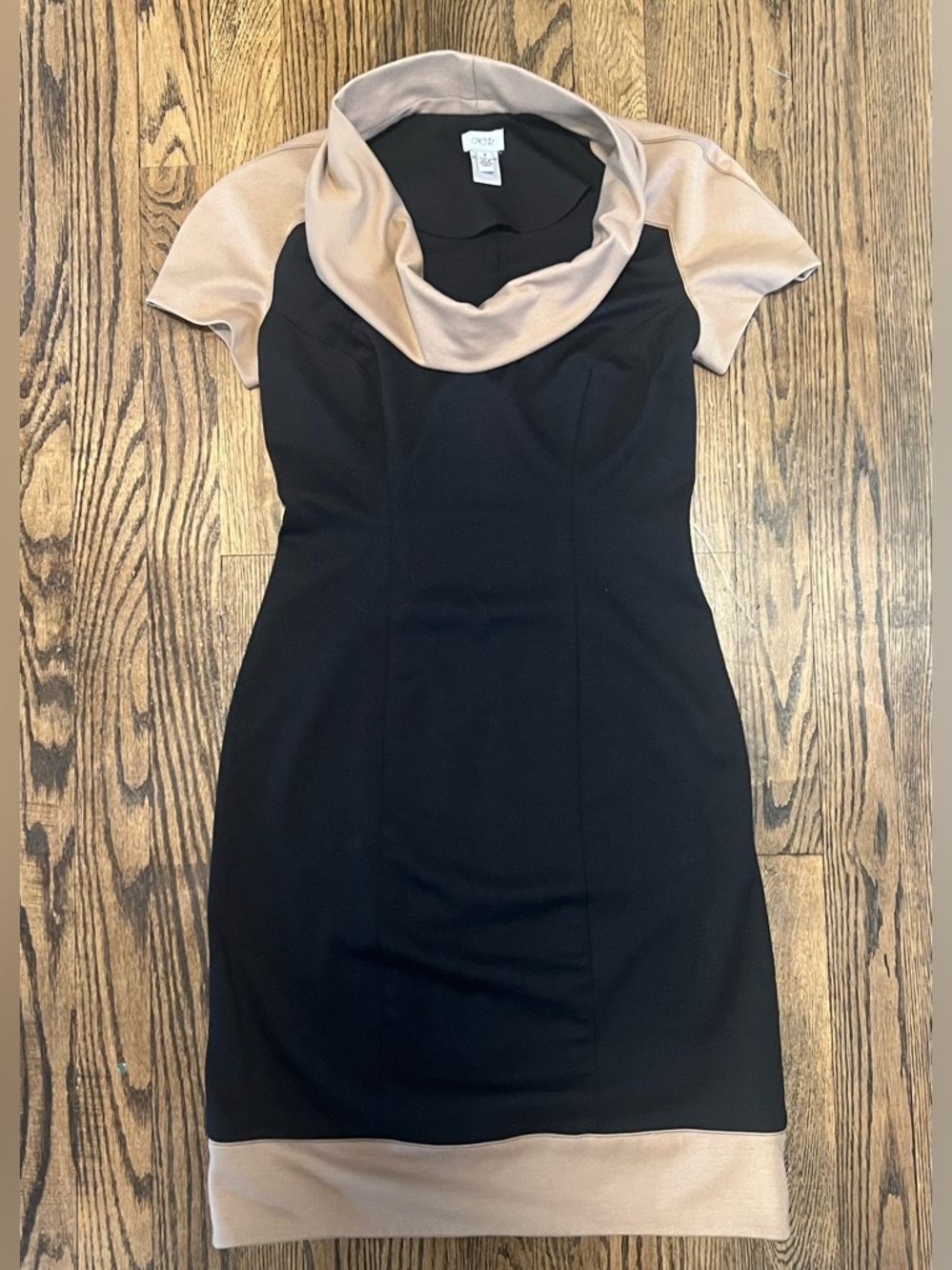 Cache Black Dress with Tan Cowl Neck and Hem